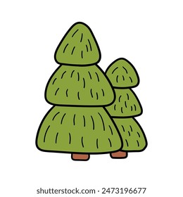 Hand drawn cartoon two fir trees or Christmas trees isolated on white background. Vector illustration.