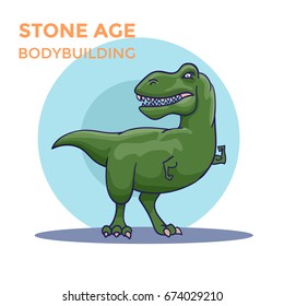 Hand Drawn Cartoon Tyrannosaur shows his biceps. Vector illustration