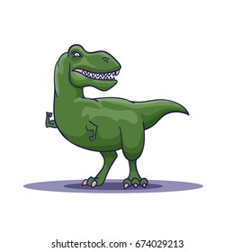 Hand Drawn Cartoon Tyrannosaur shows his biceps. Vector illustration