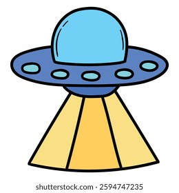 Hand drawn cartoon ufo flying saucer isolated on white background. Vector illustration.