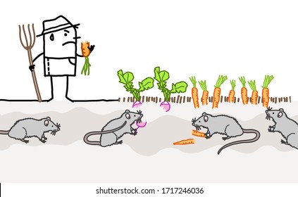 hand drawn Cartoon of unhappy farmer because of mice eating his vegetables