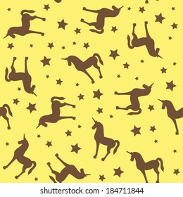 hand drawn cartoon unicorn silhouettes and stars seamless pattern 