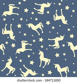 hand drawn cartoon unicorn silhouettes and stars seamless pattern
