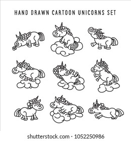 Hand drawn cartoon unicorns set. Cute horses for kids childern design. Pencil sketch drawings. Vector illustration.