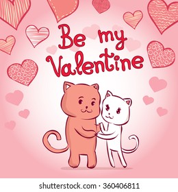 Hand drawn cartoon valentine day card with cute cat.