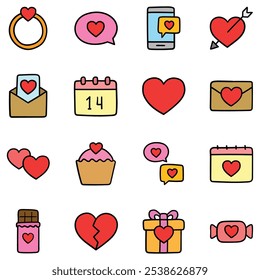 Hand drawn cartoon valentine's day icon set isolated on white background. February 14, love, celebration. Vector illustration.