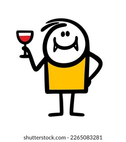 Hand drawn cartoon vampire with fangs holds a glass of human blood in his hand. Vector illustration of a man in funny monster costume for halloween party.