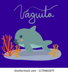 hand drawn cartoon vaquita marina whale sea life vector illustration