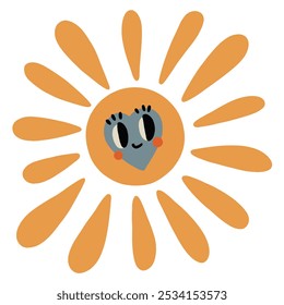 Hand drawn cartoon vector boho illustration of sun with heart