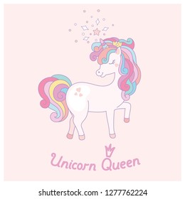 Hand drawn cartoon vector card with cute unicorn. Perfect for fabric or nursery decor.