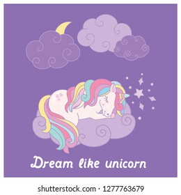 Hand drawn cartoon vector card with cute unicorn. Perfect for fabric or nursery decor.