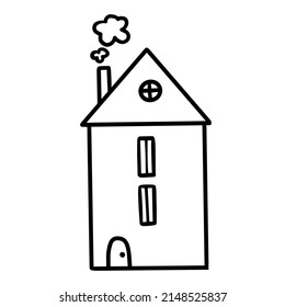 Hand drawn cartoon vector doodle house in black and white monochrome style. Architecture home village scribble scene exterior.