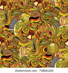 Hand drawn Cartoon vector doodle pattern for a beer festival. Illustrations for the celebration of the October festival. Oktoberfest design for poster, banner, art, beer menu, flyer, tshirt, print.