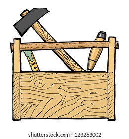 hand drawn, cartoon, vector illustration of toolbox