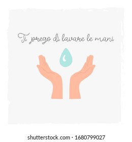 hand drawn cartoon vector illustration. Italian quote inscription text in English means wash your hands please