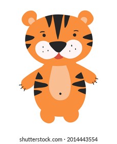 Hand drawn cartoon vector illustration of a cute funny wild tiger isolated on white background. Concept for Christmas children print. Symbol of the 2022 year