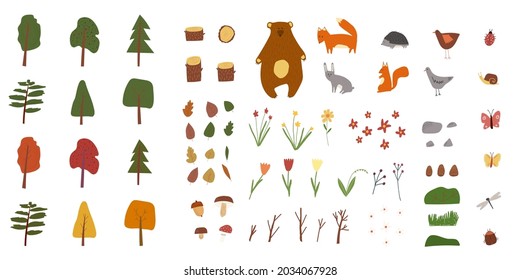 Hand drawn cartoon vector illustration set of summer and autumn forest park landscape background elements with trees, flowers, plants, animals, insects, mushrooms.