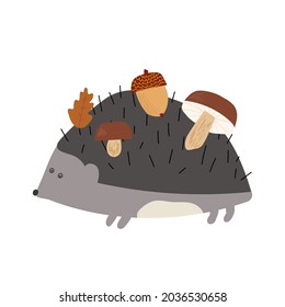 Hand drawn cartoon vector illustration set of cute hedgehog carrying his food mashroom, leaf, acorn. Isolated on white, side view