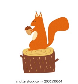 Hand drawn cartoon vector illustration set of cute squirrel sitting on the stump with acorn. Isolated on white, side view