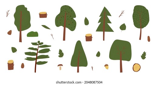 Dibujo manual de ilustraciones vectoriales conjunto de elementos de fondo del paisaje del parque forestal natural de verano con árboles verdes, hojas, bellota, setas.