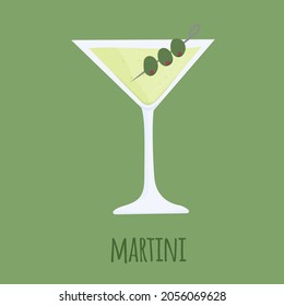 Dibujo manual de dibujos animados ilustrando el cóctel alcohólico Dirty Martini. Mezcla de ginebra, vermouth y salmuera de oliva. Aislado en blanco con texto.