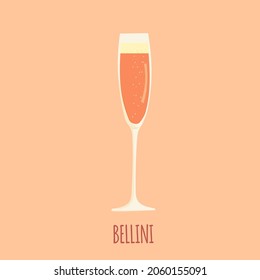 Hand Drawn Cartoon Vector Illustration Of Bellini Alcoholic Summer Cocktail. Mix Of Champagne Or Prosecco And Peach Nectar. Isolated On White