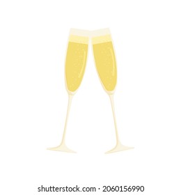 Hand drawn cartoon vector illustration of two champagne or prosecco glasses. Celebration, party, winning. Isolated on white.