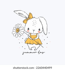 Dibujo manual de ilustraciones vectoriales de dibujos animados para niños con conejito pequeño. Una chica de conejo con una flor de margarita. Perfecto para la impresión de camisetas para bebés, el uso de niños, el diseño superficial