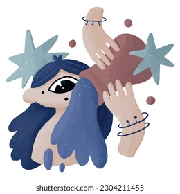 Hand drawn cartoon vector illustration of aquarius girl pouring water
