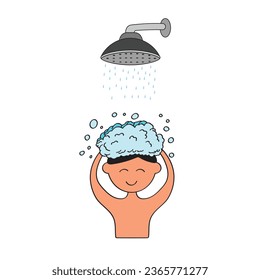 Hand drawn Cartoon Vector illustration boy washing his hair icon in doodle style