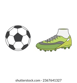 Hand drawn Cartoon Vector illustration soccer ball and sport shoe icon Isolated on White Background