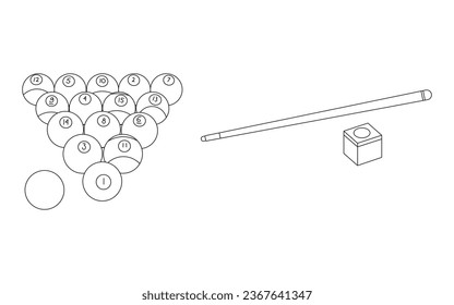 Hand drawn Cartoon Vector illustration biliard balls, chalk and biliard cue sport icon Isolated on White Background
