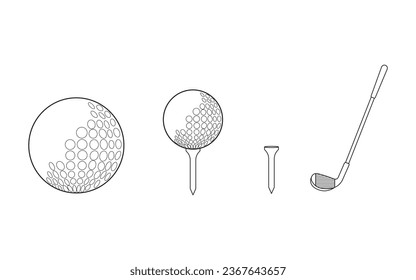 Hand drawn Cartoon Vector illustration golf ball stick and golf tee sport icon Isolated on White Background