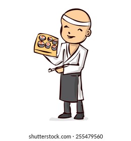 Hand drawn Cartoon Vector Illustration of Funny Japan Sushi Chef