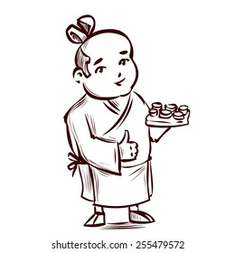 Hand drawn Cartoon Vector Illustration of Funny Japan Sushi Chef