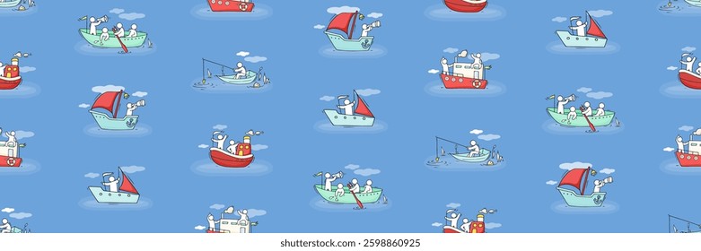 Hand drawn cartoon vector illustration for vacation design. Seamless pattern with boats and people. Transport concept background with ships, yachts icons, vector cartoon illustration