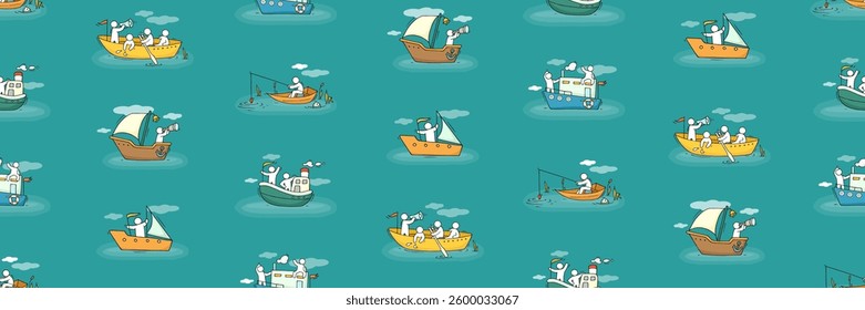 Hand drawn cartoon vector illustration for vacation design. Seamless pattern with boats and people. Transport concept background with ships, yachts icons, vector cartoon illustration