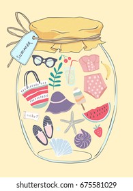 Hand drawn cartoon vector illustration. Jar with summer treasures. Summer elements in bank.