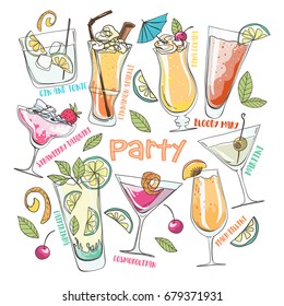 Hand drawn cartoon vector illustration. Sketch summer party set. Cocktails and drinks.