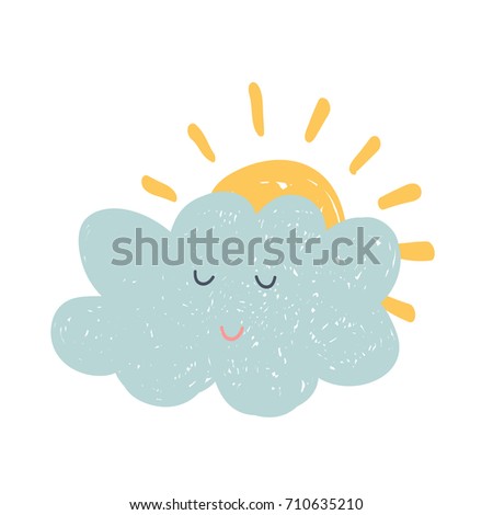 Hand drawn cartoon vector illustration with cloud and sun