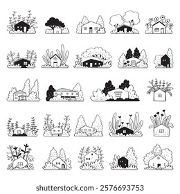 hand drawn cartoon vector set of house with garden illustration isolated on white background.