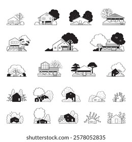 hand drawn cartoon vector set of house with garden illustration isolated on white background.