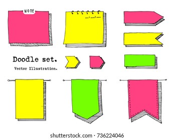 Hand drawn cartoon vector set of paper sheet, tag, sticky note. header, banner, item sketch. Doodle style illustration. Collection of doodle icons