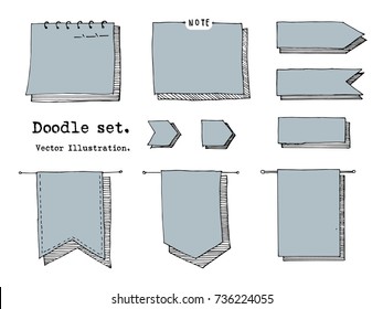 Hand drawn cartoon vector set of paper sheet, tag, sticky note. header, banner, item sketch. Doodle style illustration. Collection of doodle icons