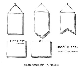 Hand drawn cartoon vector set of banner, flag , poster pinned to the wall . Header mockup, sketchy template. Paper sheet, tag, sticky note. Doodle style illustration. Collection of doodle icons
