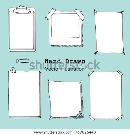 Hand drawn cartoon vector set of paper sheet, folder, sticky note, bundle of paper, poster. Paper page with pin, tape and paperclip sketch. Doodle style illustration. Collection of icons