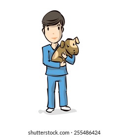 Hand drawn cartoon Veterinarian with dog