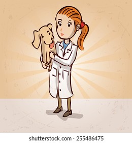 Hand Drawn Cartoon Veterinarian With Dog