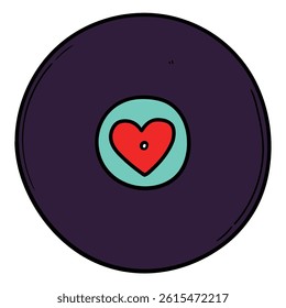 Hand drawn cartoon vinyl record with heart isolated on white background. Vector illustration.