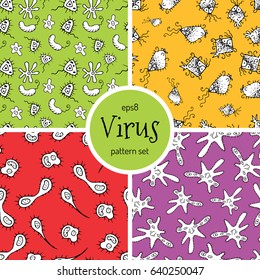 Hand Drawn Cartoon Virus Pattern for Medical Design. Cute Monster Characters of Germ Infection or Bacteria. Vector Microbe Pathogen Seamless Background. Scetched Funny Viruses for Booklet Cover